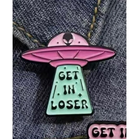 "GET IN LOSER" Enamel Pin Alien Spaceship Brooch Lapel Pink Teal Punk Style - Picture 2 of 4